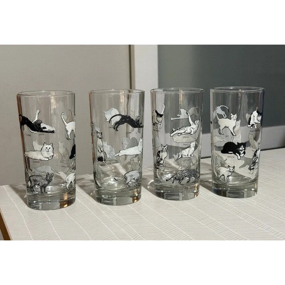 Fishs Eddy Cat Tricks Highball Glass Cups Set of 4